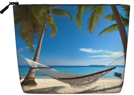 AMREWQYL Hammock Hanging from Palm Trees printed Fake Hemp Makeup Bag Travel Toiletry Bag, Black, One Size