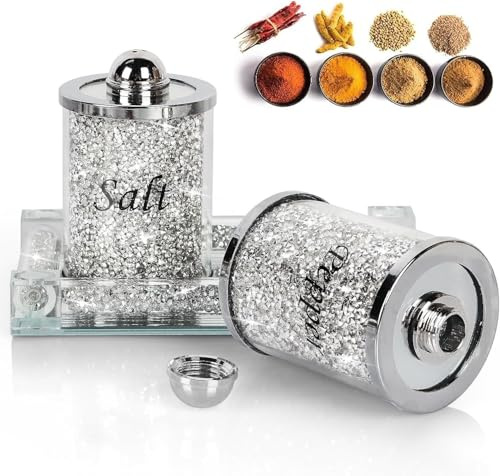Silver Crystal Diamond Salt & Pepper Shaker Set with Mirrored Tray – Decorative Salt and Pepper Shakers for Dining Table, Kitchen, and Special Occasions (Ceramic, Salt and Pepper Shakers with Tray)