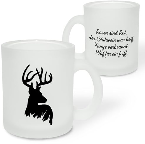 True Statements Geschenk für Glühwein-Fans: Glastasse „Rosen sind Rot, der Glühwein war heif, ...“ mit Rentier-Motiv - Geschenkidee Weihnachten & Adventszeit - Glastasse satiniert, ca. 300ml