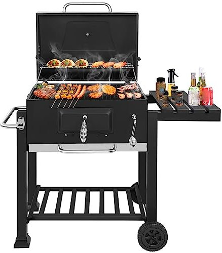 Barbecue au charbon de bois familial avec tables latérales - Barbecue de camping portable pour terrasse, barbecue en plein air