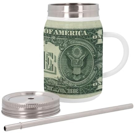 Mug Isotherme en Inox avec Couvercle et Paille - Un Dollar Americain One bucks Billet Etats Unis - 500 ml - Tasse Thermo