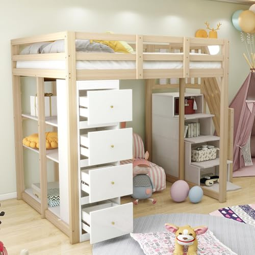 Dolamaní Hochbett 140 x 200 cm mit Aufbewahrungsschublade Kommode und Regalen, Stauraum Sicherheits Treppe, Kinderbett Jugendbett Bettgestell mit Lattenrost (Natürlich + Weiß)