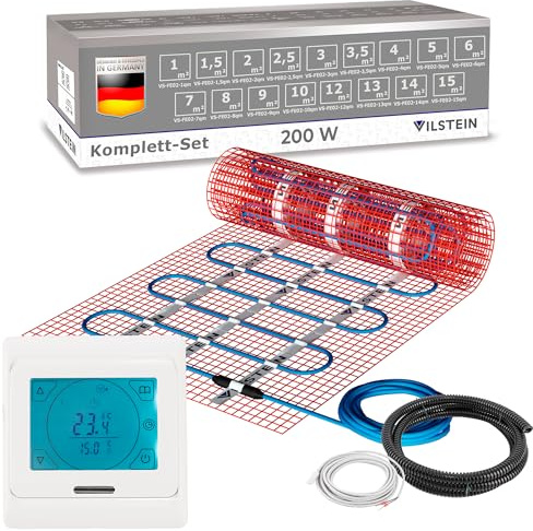 VILSTEIN Elektrische Fußbodenheizung 200W/m² – IP67 Turbo-Heizmatte | geeignet für Fliesenboden, Laminat & mehr, Twin Technologie, 4mm dünn, Touchscreen-Thermostat 16A, Komplettset 2,5m²