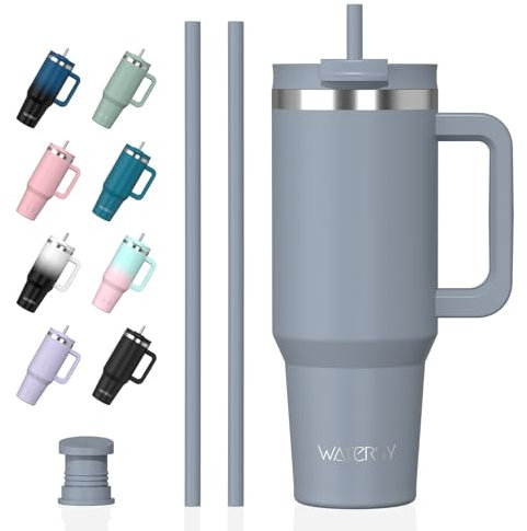 WATERSY 1.2L Vaso con Asa, Taza de Café con 40 oz, Taza para Viaje Acero Inoxidable Doble Pared, Vaso Termico Café con 2 Pajita, Travel Mug para Frío y Caliente (Azul Spruce)