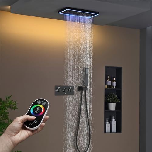 Duschsystem mit Unterputz, LED 64 Farben Duschset Duscharmatur Komplettset mit 40X20CM Regendusche Duschkopf mit Handbrause, Messingkörper (Schwarz)