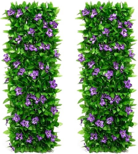 2PCS Artificial Ivy Fence Screening - 200x40cm Expandable Faux Ivy Privacy Fence Screen, Stretchable Artificial Hedge Screening with Artificial Ivy, Violet Flower, AntiUltraviolet