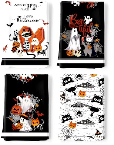 Arquiel Halloween Boo Pumpa Katt Te Handdukar, Bomull Kökshandduk 48 × 70 cm, Snabbtorkande Diskduk för Party Årsdag Semester Dekoration Inflyttningsgåvor