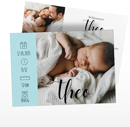 Geburtskarten Baby personalisiert – Dankeskarten Geburt selbst gestalten – ab 10 Stück, DIN A6 – Babykarten mit Foto und Text – individuelle Geburtskarten für Mädchen und Jungen - (Geburt - Motiv 5)