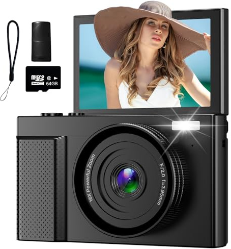 Fotocamera digitale 4K per fotografia e video, autofocus 64 MP, fotocamera per vlogging per YouTube con schermo da 3 a 180°, zoom 16x, fotocamere compatte da viaggio con scheda micro SD da 64 GB per