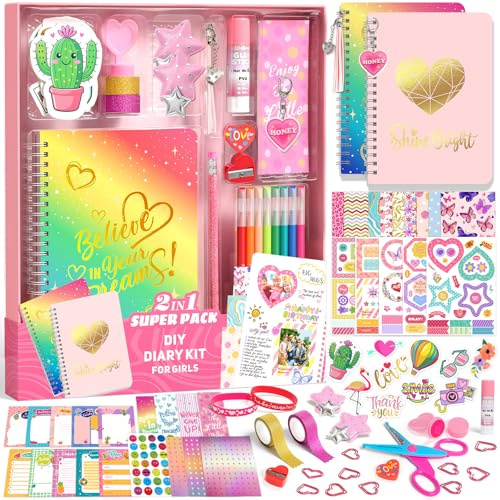 Sunrad 2-pack DIY-journaluppsättning för barn, scrapbook & dagbokstillbehör med A5-anteckningsbok, DIY-scrapbook-skrivsaker, presentuppsättning för tonåringar, flickor, 6, 7, 8, 9, 10, 11, 12 år gamla