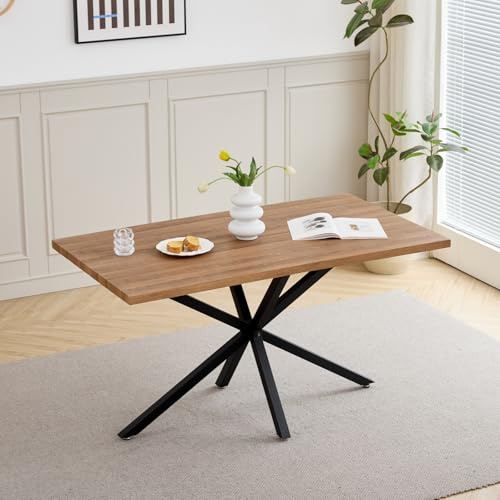 GrandCA HOME Mesa de Comedor de 140 cm, Moderna Mesa de Cocina Minimalista, Cuatro Patas de Metal, Ideal para Sala y Comedor, Marrón Oscuro