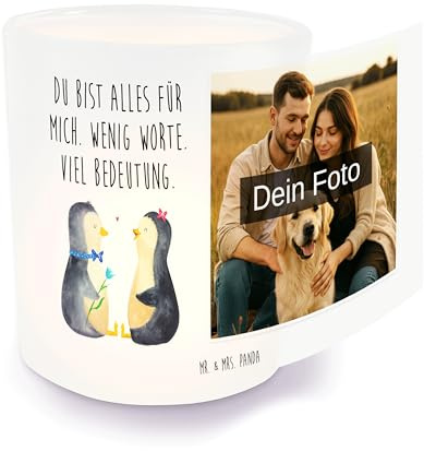 Mr. & Mrs. Panda Foto im Glas Pinguin Pärchen - Geschenk, Hochzeitstag, auf, Fotolaterne, Windlicht mit, Hochzeitsgeschenk, Teelichtglas, Verlobung, Hochzeit