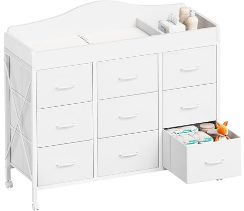 YeTom Baby Changing Table with 9 Fabric Boxes, Waterproof Diaper Changing Station & Pad, Mobile Nursery Diaper Changing Table, Baby Furniture, White