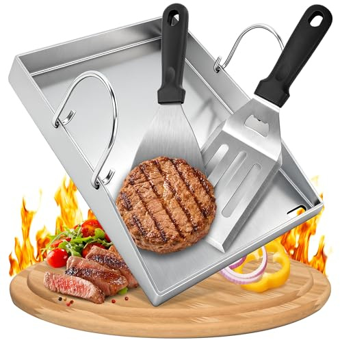Edelstahl Plancha Grillplatte 40x30cm, 4mm Massiv plancha mit Grillzubehör | Grillspachteln Set für Gasgrill und Holzkohlegrill
