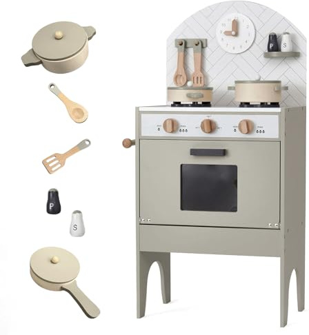 Wooden Play Kitchen for Kids, Pretend Role Play Toy Kitchen with Oven, Clock, Utensils, Interactive Dials, Salt and Pepper Pots, Toddler Kitchen Playset - Warm Grey