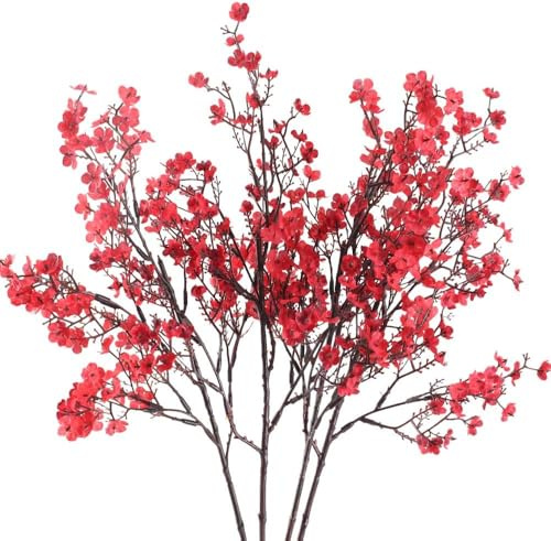 4PCS Gypsophile Artificielles Fleurs Bouquet Fleur Artificielle Rouge | Gypsophile Plante Artificielle Décoration Bouquet Fleurs Séchées pour Vase DIY Fête Couronne Arrangment de Fleur