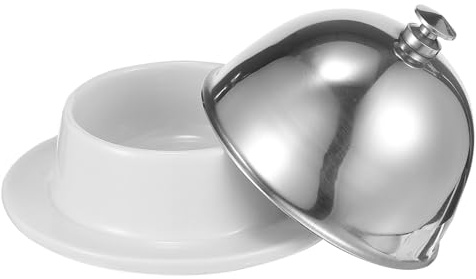 BESPORTBLE Beurrier en Céramique avec Couvercle en Acier Inoxydable Récipient pour Beurre et Sauces Bol à Sauce Soja pour Maison Cuisine Plat Rond Saucier Solide et Facile à Nettoyer