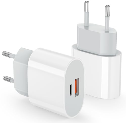 2 Pcs Cargador USB C, Adaptador de Corriente USB-C de 20 W, 2-Port PD+QC Carga Rapida Movil Tipo C Enchufe para Apple iPhone 17 16 15 14 13 12 11 Pro MAX SE XS XR 8 7 Plus Mini SE, iPad, Air-Pods
