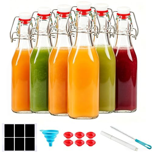 6 Pack 250ml Flip Top Glass Bottles, swing top glass bottles with airtight lids for Brewing, 2nd Fermentation and Homemade Extracts for Kombucha, Kefir, Vanilla, Juice, Tea, Beverages, Soda, Oils, Vin