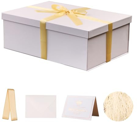 Caja de regalo Blanco con tapa 31.5 x 21.5 x 11 cm, Cajas de Regalo Premium con Tapa y Cinta para Regalos de San Valentín, Navidad Incluye Papel seda triturado Tarjetas sobre