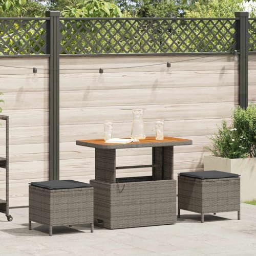 Ordellia Garten Essgruppe Grau Poly-Rattan, Akazienholz, 2 Hocker, Kissen, Outdoor Möbel Set für Terrasse, Balkon, Essbereich, 100x100x79 cm