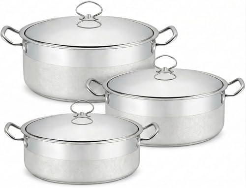 Set de 3 Grande Marmite Basse en Inox- Faitout Professionnel Ø40/45/45 cm avec Couvercle et Graduations Internes - Poignées Rivetées - Grande capacité - Compatible Tous Feux dont Induction