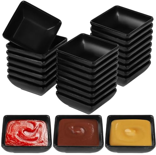 YAGOKKI 24 PCS Dipping Sauce Bowls, Plastic Soy Sauce Dishes, Small Square Design for Condiments, Black, Ideal for BBQ, Parties, and Dining Tables