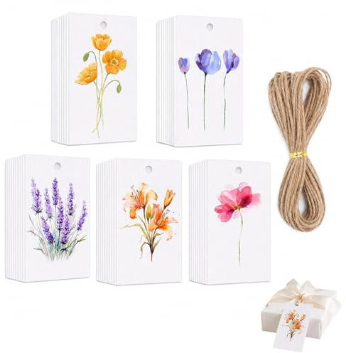 50 Pack 7.6x5cm Watercolour Floral Gift Tags with String for Wedding Favour | White varnished paper, 5 unique designs, smooth writable surface, ideal for birthdays, bridal showers, gift wrapping & decor