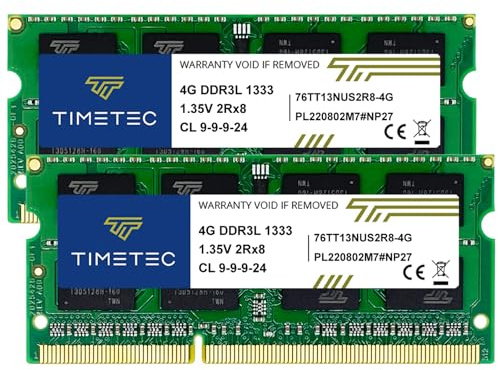 Timetec 8GB Kit(2x4GB) DDR3/DDR3L 1333MHz PC3-10600 Non-ECC Unbuffered 1.35V CL9 2Rx8 Dual Rank 204 Pin SODIMM Laptop PC Memoria RAM Módulo Actualización