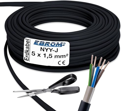 EBROM Erdkabel NYY-J 5x1,5 mm² Starkstromkabel Erdleitung schwarz - 30 m | 10m bis 150 m, Elektrokabel zur Verlegung im freien oder im Erdreich - VDE 0276, Teil 603, Nennspannung: 600/1000V, 5x1,5 mm2