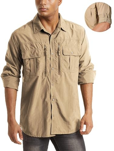 MAGCOMSEN Mens Fishing Shirts Long Sleeve Mens Button Down Shirts Hiking Shirts Work Shirts for Men 4 Pocket Casual Shirt Khaki M