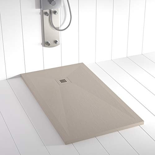 Piatto doccia in resina PLES scarico centrato lato superiore Colore Sabbia 90x70 finitura effetto ardesia antiscivolo, griglia dello stesso colore e piletta