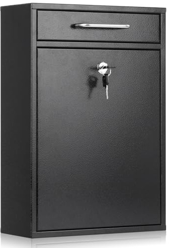 xydled Metal Mailbox Wall Mount, Large Locking Mailbox with Key Lock, Hanging Secure Postbox, Security Key Drop Box, Collection Boxes, Black, 17.6H x 12.2L x 5.7W Inches, XL Large