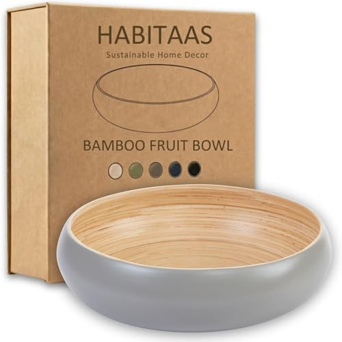 HABITAAS Fruit Bowl for Kitchen Counter – Handmade Spun Bamboo, Large 11.75 Fruit Basket, Eco-Friendly Decorative Serving Bowl for Home Decor, Produce Storage & Centerpiece (Gray)