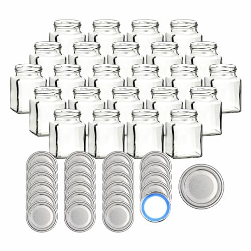gouveo 24er Set Einmachgläser 314 ml eckig mit Schraub-Deckel silberfarben BlueSeal - Vorratsgläser 0,3 l mit Schraubverschluss TO63 - Leere Gläser zum Einkochen, Einwecken und Aufbewahren