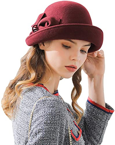 RZTA Damen Vintage 100% Wollfilz Glocke Eimer Bowler Hut Winter Vintage Schleife Fedoras Kirche Derby Fascinator Hut