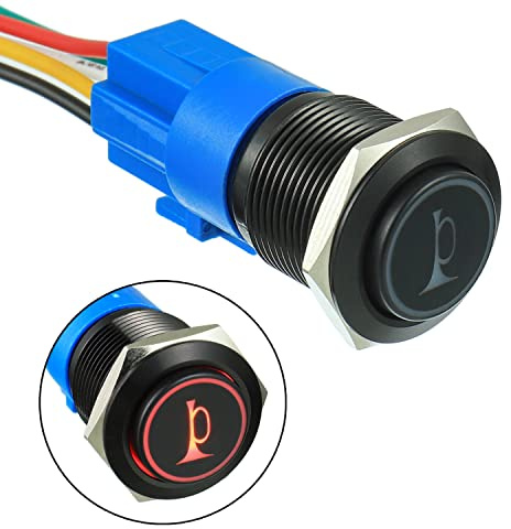 EPLZON 19MM 12V Klaxon de Voiture Bouton Momentané Vert LED Allumé Momentané Métal Haut-Parleur Air Klaxon Interrupteur à Bascule avec Prise Prise Fil (Rouge)