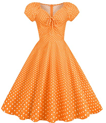 Wellwits Vestido vintage convertible de los años 50 con hombros descubiertos y lazo frontal fruncido, Puntos blancos en naranja, 42-44