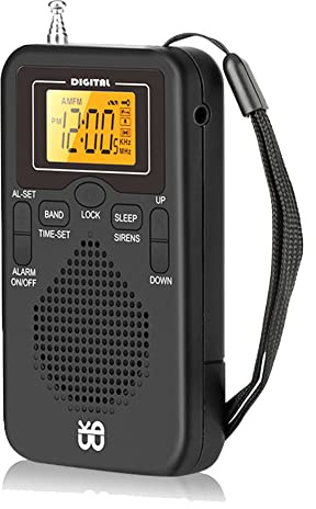 SANSHAN Radio PortáTil Mini Am FM Radio MeteorolóGica Radio de Bolsillo Pantalla LCD Reloj Despertador Digital Reproductor de Radio