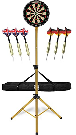 Stagecaptain DBS-1715 BullsEye Pro Bersaglio da Freccette Set Completo - Bersaglio Steeldarts Professionale in Sisal - Supporto Regolabile in Altezza in Oro con Borsa - 6 Freccette e 4 Set di Flights