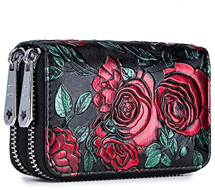 LUMoony Geldbeutel Damen Leder Doppel Reißverschluss Viele Fächer Münztasche Geldbeutel mit RFID-Schutz Große Kapazität Echt Leder Geldbörse Clutch Portemonnaie Münztasche Blumen Bunt