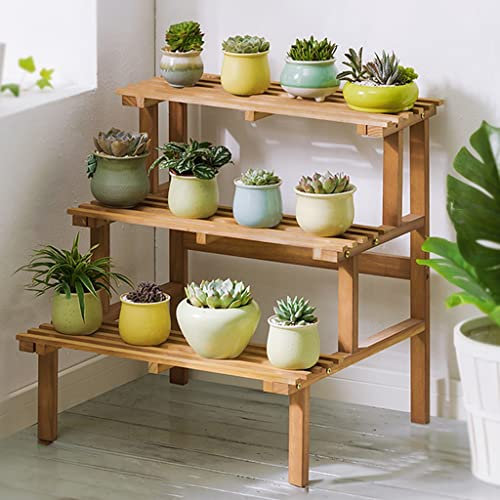 GIZNXBA Blumenbank Wohnzimmer Blumenständer Fensterbank Blumentreppe Pflanzentreppe Ecke, Blumenregal Outdoor Pflanzenständer Holz Treppe Pflanzenregal Für Balkon (Color : Natural A, Size : 3 Tier)