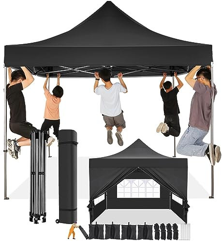 COBIZI Pavillon 3x3 Wasserdicht Stabil Winterfest mit Seitenwand u Sandsack,Popup Faltpavillon Partyzelt,Sonnenschutz Gartenpavillon für Strand Hochzeit Camping mit Tasche mit Rollen(3 mal 3m Schwarz)