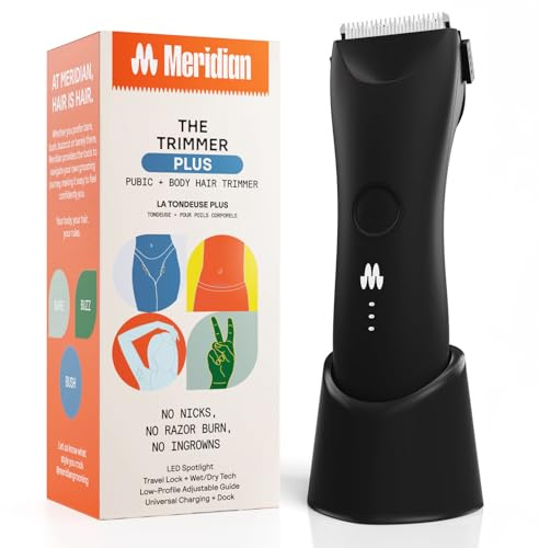 Meridian The Trimmer Plus, Body Hair Trimmer & Waterproof Electric Shaver for Men and Women for Pubic Hair, Chest, Legs & Bikini Line, UBS-C Cable & Charging Dock Included, Onyx