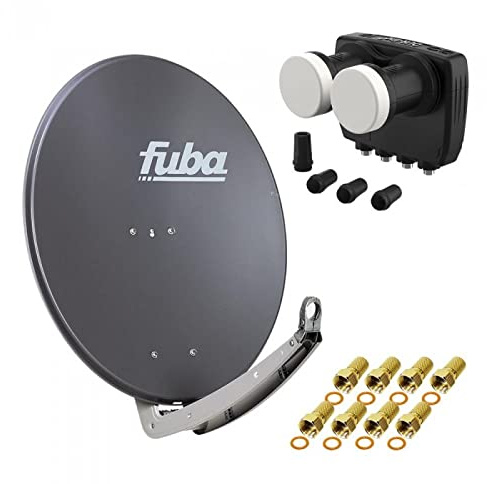 HD Digital Sat Anlage 2 Satelliten Astra/Hotbird - 4 Teilnehmer | Fuba DAA780A Sat Schüssel 78cm anthrazit + DUR-line MB6-QS Monoblock Quad LNB 6° (DVB-S2, HDTV, 4K/8K, 3D) + 8xF-Stecker vergoldet