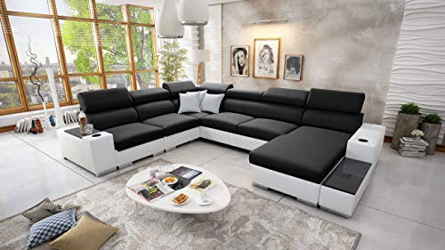 IM SOFA XXL Eckcouch U-Form Bettfunktion Ecksofa Wohnlandschaft PERS VIII (Schwarz Sawana + Weißes Kunstleder, Rechts)