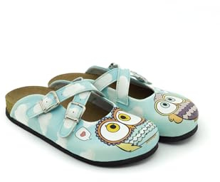 Terlik Sabo Suela de Corcho ST180 Zuecos de Cuero Mules Zapatillas Zapatos Sabot, Mujer, Búho Azul, EU 38