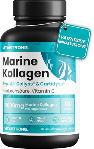 MARINE COLLAGEN 2000pcs PATENTIERTES - Typ 1&2 Collyss® & Cartidyss® - 180 Tabletten - Kollagen Kapseln Hochdosiert - mit Vitamin C - Wirksame Formel - Premium Qualität - Vitastrong