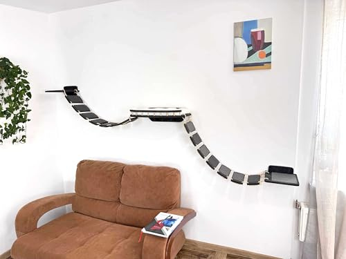 RshPets® Kletterwand Katzen Set - 285 cm Katzenbrücke XXL - Katzenbett - Hängematte für Katze - Katzen Wandelemente - Katzentreppe Wand - Katzenleiter - Wandmontierte Katzenmöbel (Dunkle Farbe)