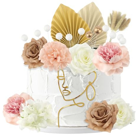 33 Stück Tortendeko Blumen Boho Kuchen Deko Lady Face Cake Topper Set Kuchendekoration Gold Palmblätter Kugeln für Party Hochzeit Geburtstag